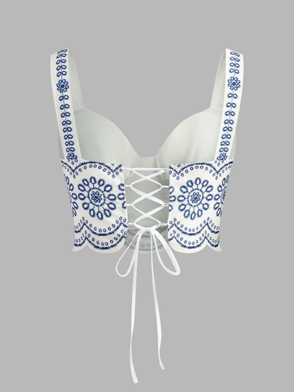 Commense NWT 2 Piece Set Maxi w/lace up top w/padding. White w/Blue floral Small - Picture 3 of 9